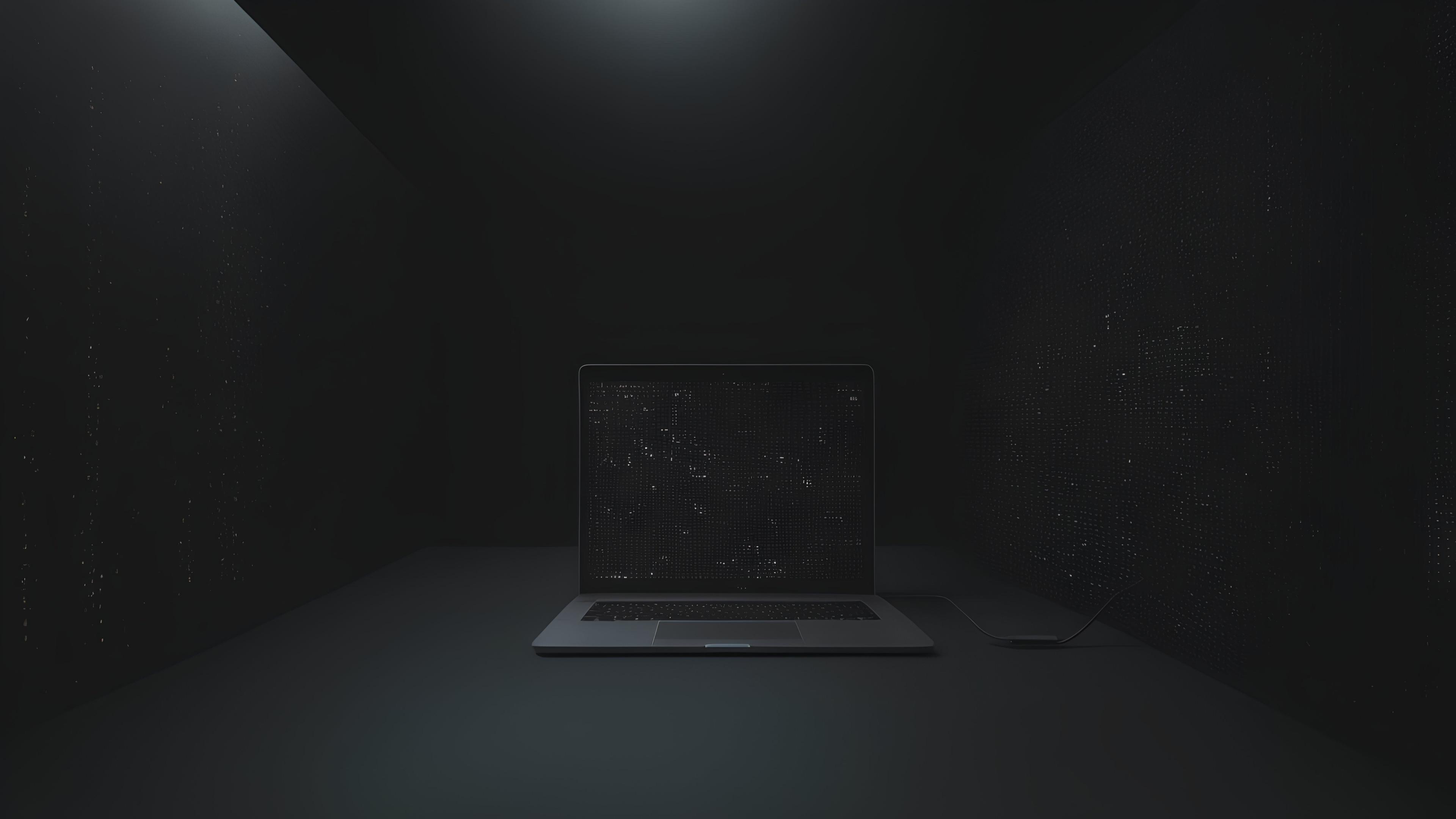 A macbook in the center of a dark room