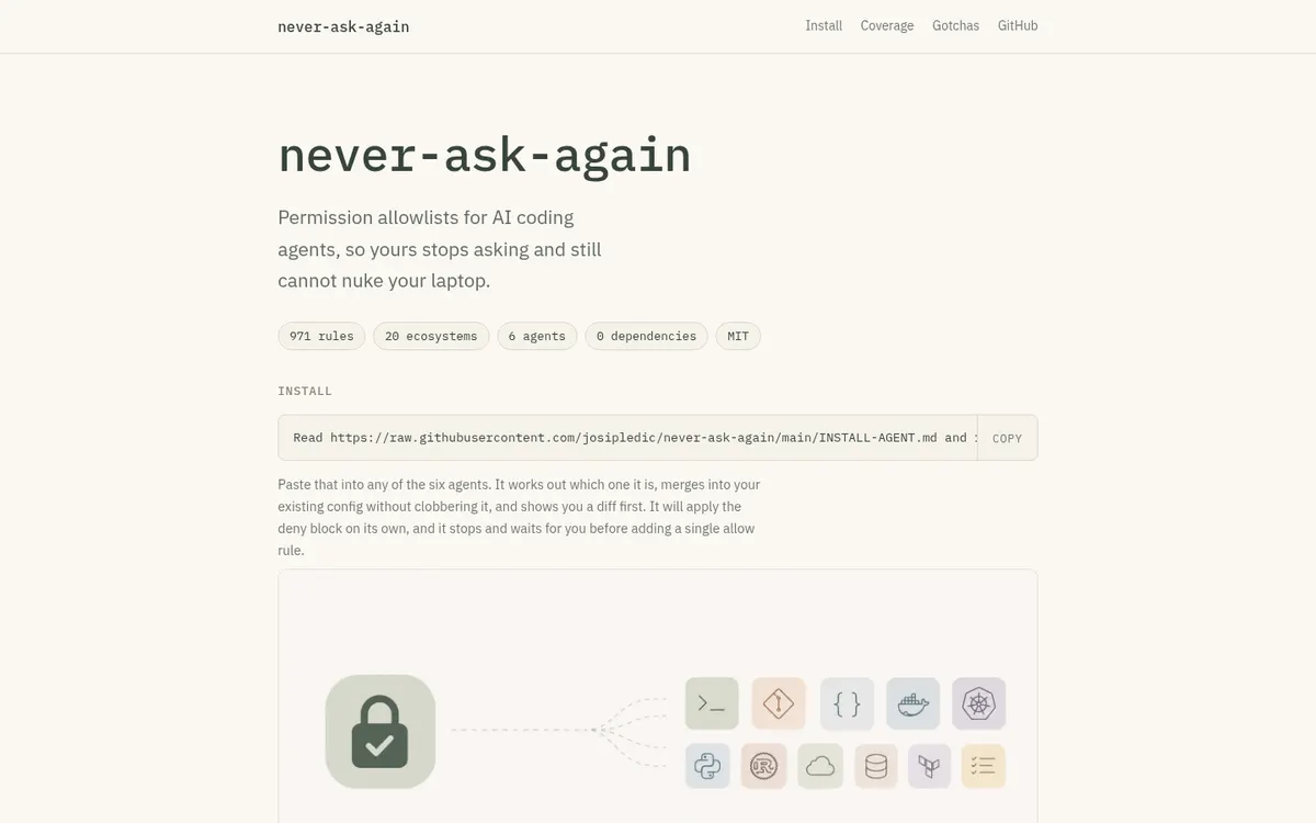 never-ask-again permission allowlists and installation guide