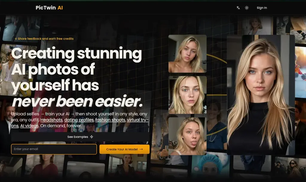 PicTwinAI photo studio homepage showing AI-generated portraits